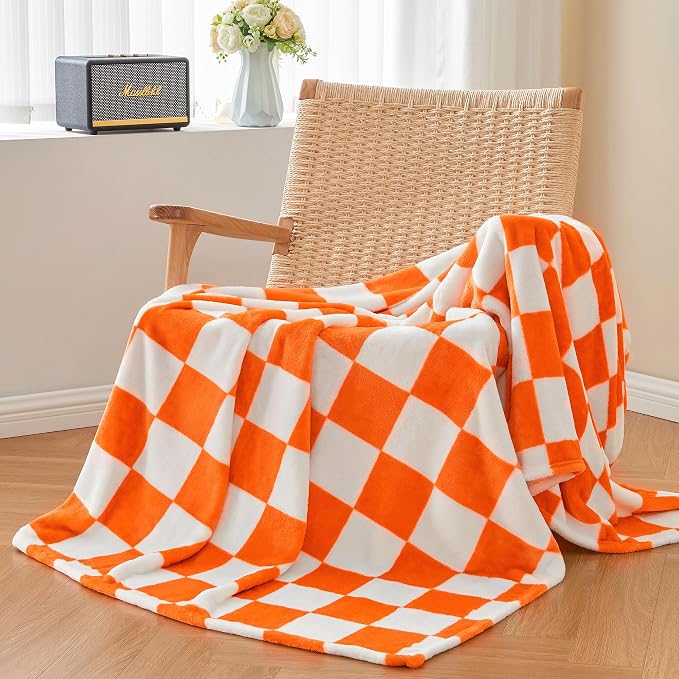 BEDELITE Plaid Twin Blanket for Checker Neyland, Orange & White 60"x80" | Tennessee vols Decor, Gift for Vol Nation,100% Polyester Microfibe, Soft, Lightweight Warm, Machine Washable, for Couch Bed