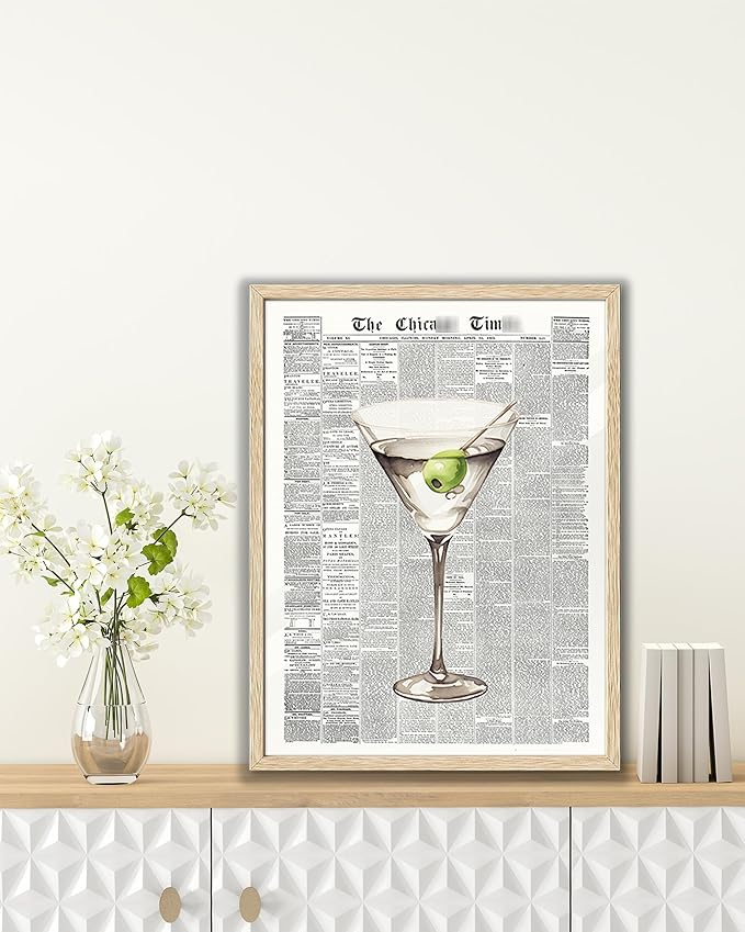 EcoHest 12x16 in Martini Newspaper Canvas Art | Unframed Canvas Print, Martini Cocktail Bar Cart Decor for Living Room, Apartment, Dorm Room, Bedroom, 1Pack