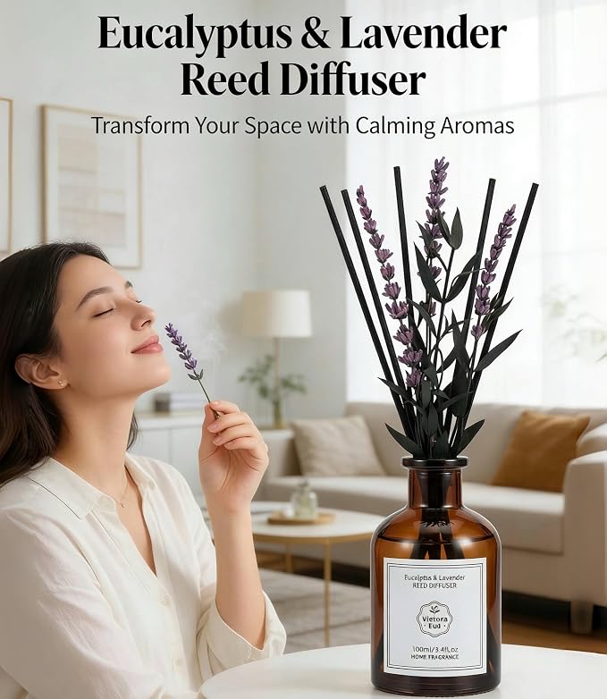 Eucalyptus & Lavender Essential Oil Reed Diffuser - 3.34 Fl Oz, Luxury Hotel Collection Diffuser Oil Inspired by Ritz Carlton for Home&Office, Bedroom/Living Room Shelf Decor,Non-Toxic & Gift Ready