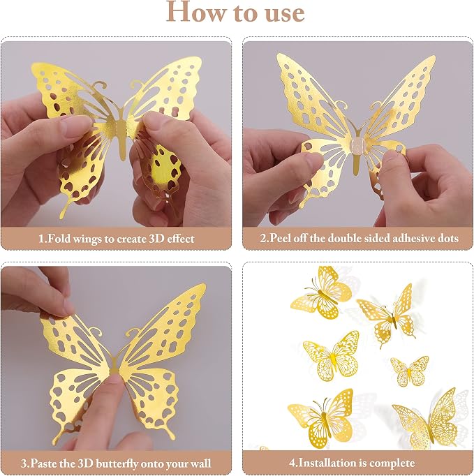 SAOROPEB 3D Butterfly Wall Decor 48 Pcs Gold Butterfly Birthday Decorations | 4 Styles 3 Sizes, for Butterfly Birthday Decorations Butterfly Party Decorations Cake Decorations, Removable Stickers