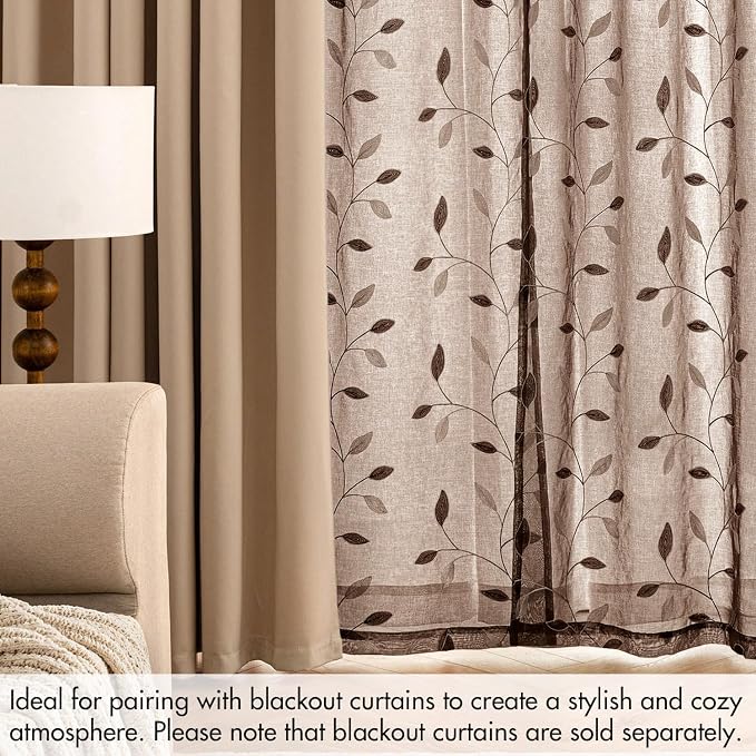 MIULEE Chocolate Brown Sheer Curtains 2 Panels Embroidered Leaf Patterned Rod Pocket Floral Semi Sheer Faux Linen Window Curtains Drapes Set for Living Room Bedroom Dining Room, 52x84 Inches Long