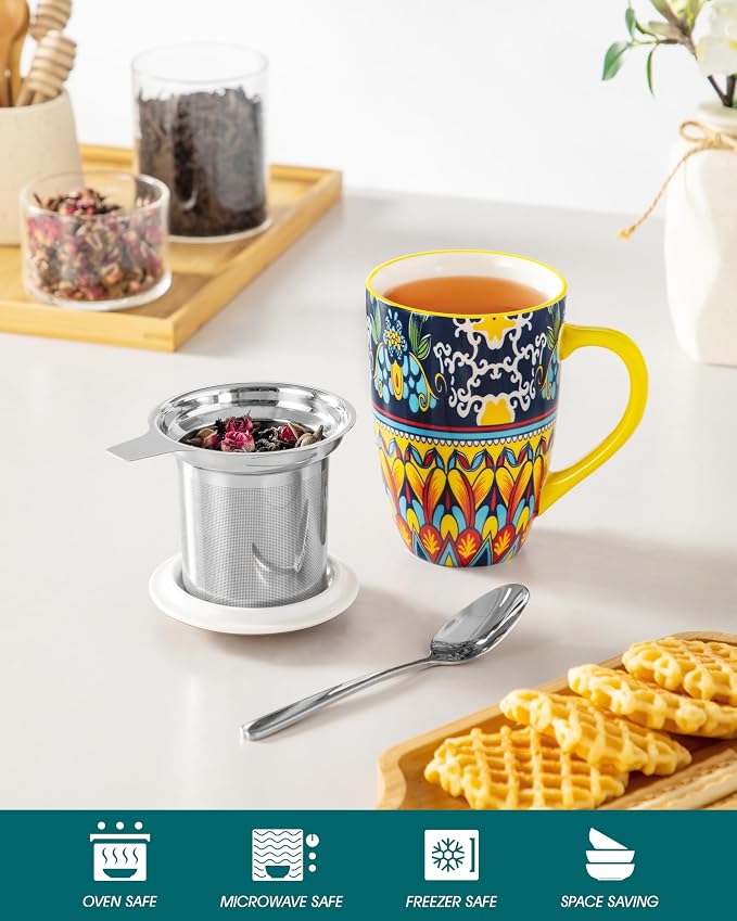 vancasso Ceramic Tea Cup with Infuser and Lid, 18 Ounce Tea Infuser Mug for Loose Leaf Tea, Microwave & Dishwasher Safe, Bohemian Mandala, Gift for Tea Lovers, Golden Lotus Mirage