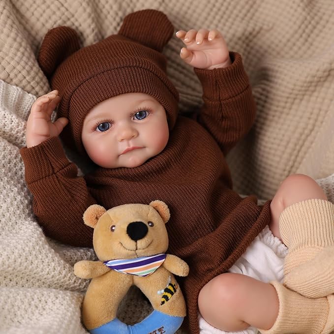 BABESIDE 17 Inch Reborn Baby Dolls, Lifelike Newborn Doll with Soft Cloth Body, Handmade Baby Doll with Bear Hat & Toy, Set Includes Bottle, Magnetic Pacifier, Clothes, Gift for Kids Age 3+