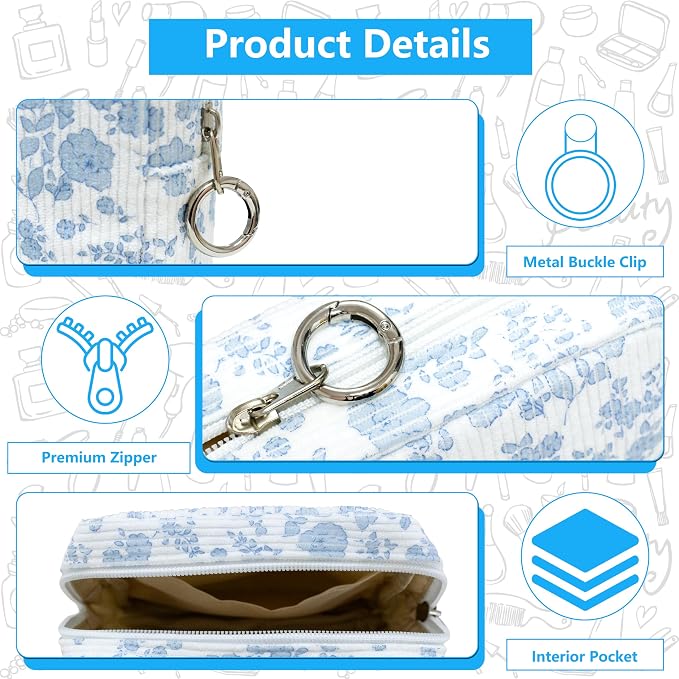 Period Bag for Girls, Corduroy Period Kit with Sanitary Pad Pouch, Menstrual Storage Bag and Tampon Holder for Purse, Girls School Essentials,Feminine Care Organizer(Blue Flower)