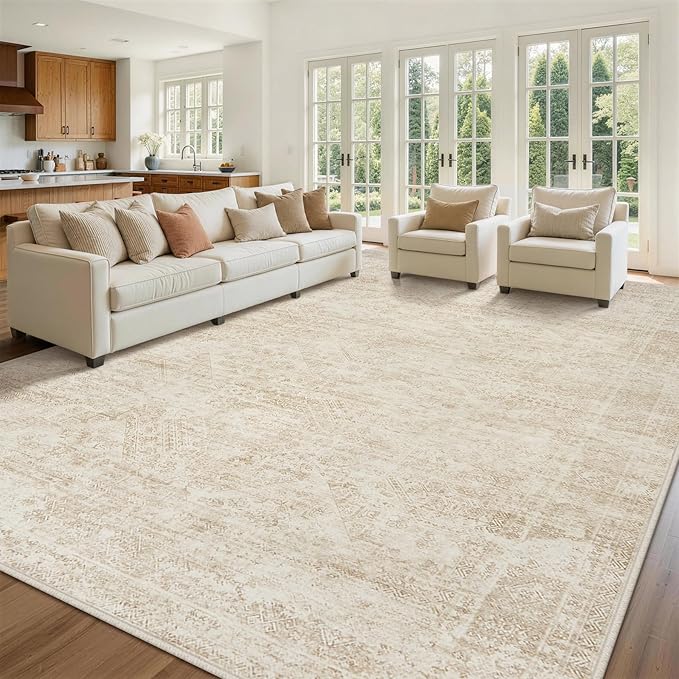 8x10 Area Rugs for Living Room Rug Washable: Abstract Large Rug for Dining Room Bedroom Carpet Non Slip 8 by 10 Indoor Modern Nursery Home Office Beige