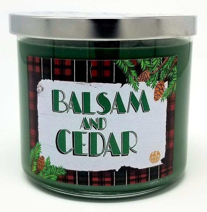 S&M Candle Factory Balsam & Cedar 3 Wick Scented Soy Wax 12oz - 14.5oz -16oz Candles ~ 75 to 100 Hour Burn Time ~ Aromatherapy Soy Candles ~ Made in USA (14.5oz, Green)