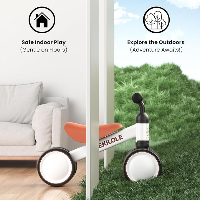 BEKILOLE Baby Balance Bike with Light Up Wheels | Toys for 1 Year Old Boy | 1st Birthday Gift for One Year Old Boy & Girl | 10-36 Month Toddler Bike - White & Brown