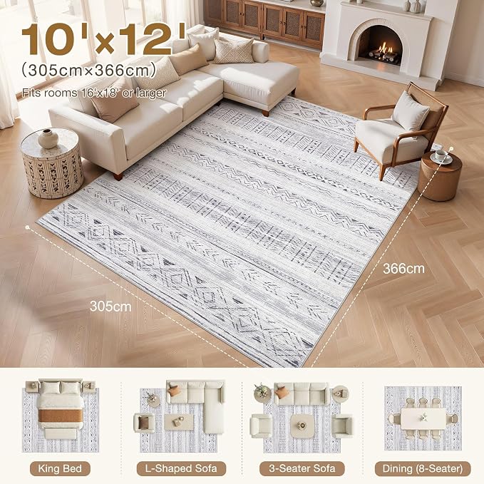 cotiled 10x12 Area Rugs Living Room Rug: Washable Boho Rugs with Non Slip Backing Large Soft Indoor Stain Resistant Carpet for Bedroom Farmhouse Dining Room Lightweight Home Decor Dark Grey
