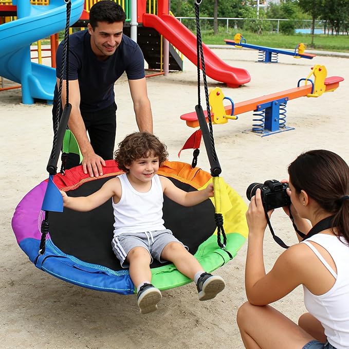 40 Inch Saucer Tree Swing for Kids Adults - 900Lb Weight Capacity, 900D Waterproof Oxford Fabric Platform Swing Seat with Safety bar and Adjustable Hanging Straps for Backyard or Outdoor Playground