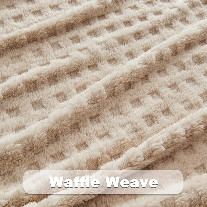 NEWCOSPLAY 3D Waffle Checkered Flannel King Blanket, Linen, 90"x110" | Super Soft Cute Lightweight Decorative Premium Silky Fleece Blanket for Couch Sofa Bed, Gift for Women Men, All Season Use