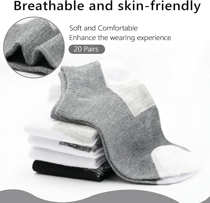 ZERULETS Kids Socks, 20 Pairs Ankle Low Cut Short Athletic Socks for Boys Girls Toddler 1-13 Years