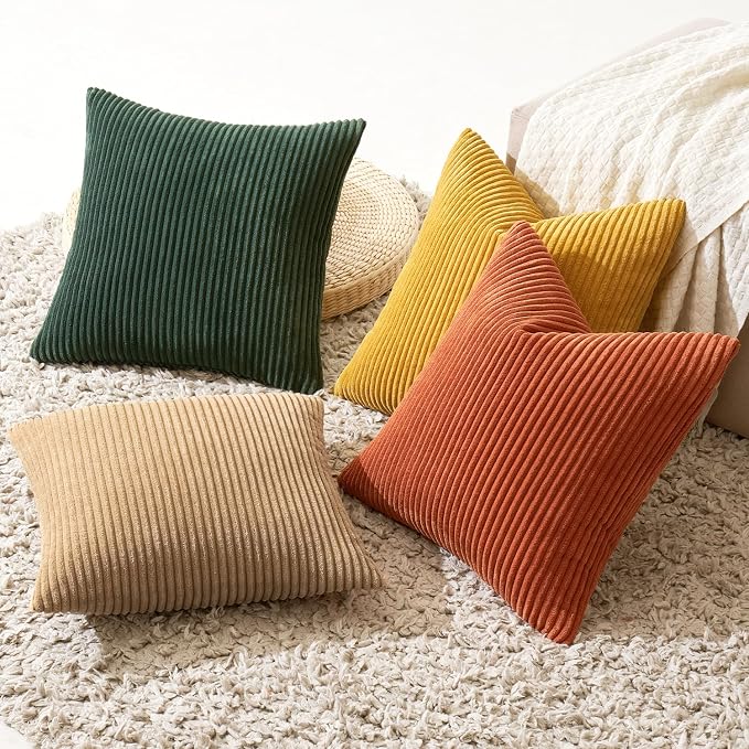 MIULEE Fall Corduroy Decorative Throw Pillow Covers Green-Rust 18x18 | Set of 4, Vintage Retro Fall Decor, Earthy Yellow Tones, Vibrant Cushion Covers for Sofa Couch Bed Living Room