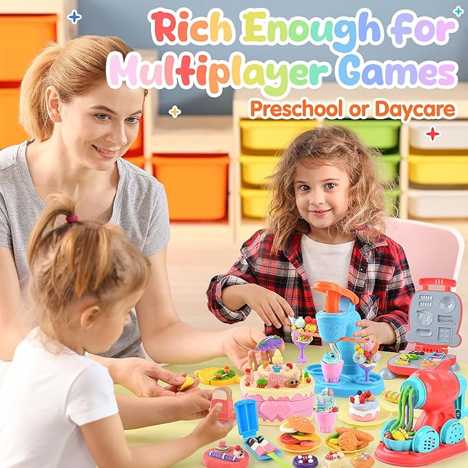 WeeHomm 4 in 1 Color Dough Set Kitchen Creations with Ice Cream/Cake/Noodle/Hamburger Maker Machine, Arts Crafts Play Food Toys Tools Kit for Boys Girls Kids Toddlers Ages 3+ , 24 Dough