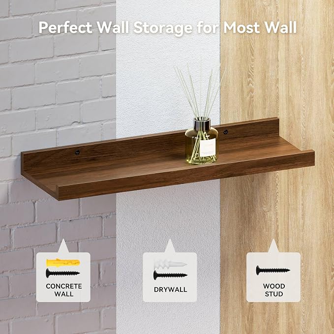 Boswillon Floating Shelves Set of 2, Small Wall Shelf with Lip, 16in, Walnu | Display Ledge Shelf for Room Wall, Wall Decor Shelves for Bathroom, Living Room, Bedroom, Kitchen, Nursery Room, Rustic, Wood