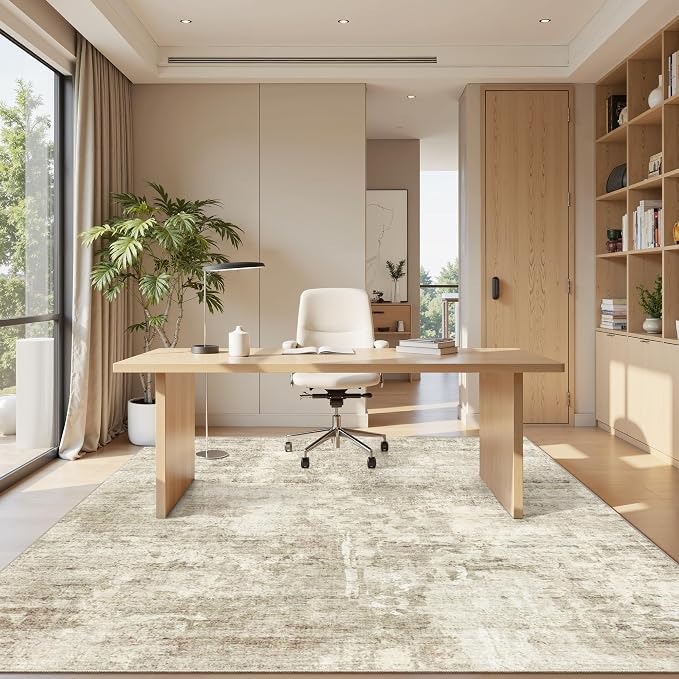 Soalmost Abstract Rug 5x7 Washable Area Rugs for Living Room, Beige/Gray | Vintage Non-Slip Indoor Accent for Bedroom Dining, Foldable Stain Resistant Floor Carpet Mat Under Table Home Office Decor