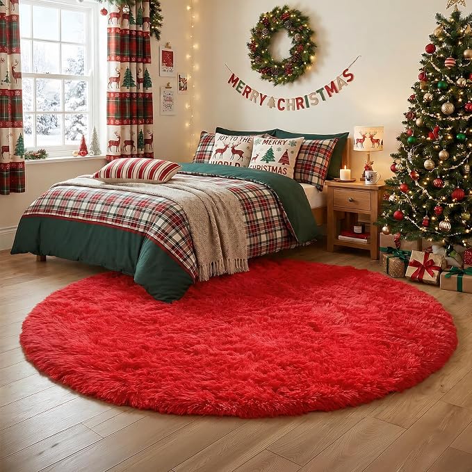 Red Round Rug 4Ft for Bedroom, Fluffy Shag Circle Area Rugs for Kids Room Decor Aesthetic, Fuzzy Plush Fur Carpets for Living Room Nursery Dorm Classroom, Red Carpet, Christmas Rugs for Teen Boys