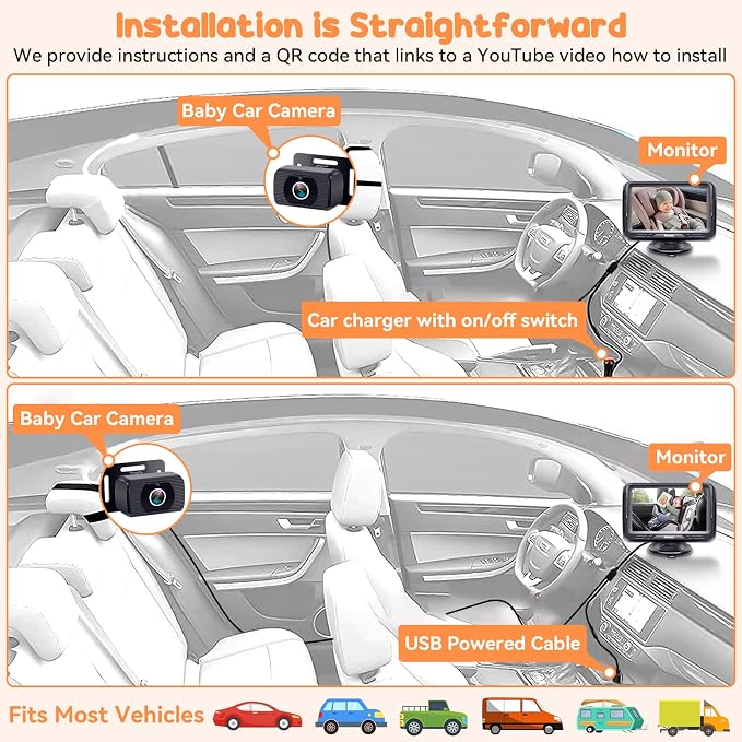 Rohent Baby Camera for Car 2 Pack - Dual HD 1080P Monitors with Night Vision, Adjustable Angles, Glare-Free Display, Easy Installation for Two Vehicles, Ideal for Road Trips