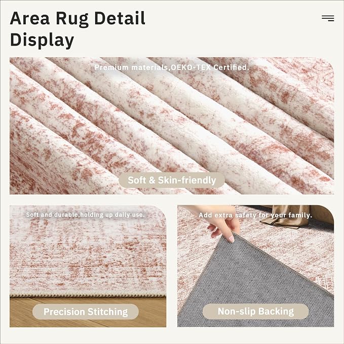 Soalmost 6x9 Area Rug for Living Room Washable Rugs Non-Slip Pink | Low-Pile Vintage Carpet for Dining Bedroom, Foldable Thin Stain Resistant Floor Mat Under Table Home Office Nursery Decor