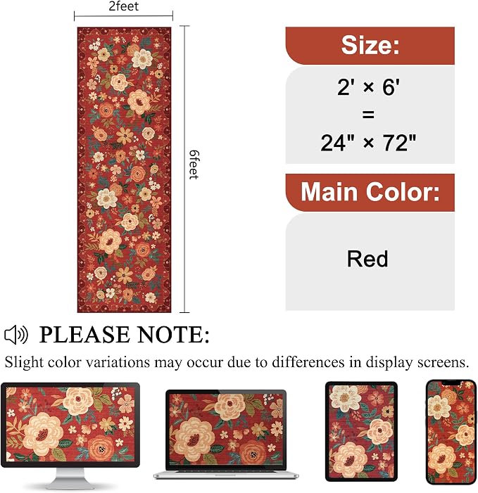 DUKINO 2x6 Runner Rug for Hallway, Washable Kitchen Rugs Non Slip, Red | Low Pile, Soft, Floral Indoor Rug for Entryway, Bedroom, Laundry, Bathroom, Pet Friendly, Lightweight, Modern Home Decor