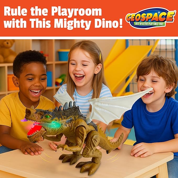 Geospace New Dragon Walking Dinosaur Toy – Smoke Breathing Fire Dragon Toy for Kids 3 & up, Walking Dinosaur Toys with Lights, Roaring Sound, Dragons Action Figure, Dragons for Gift (Bull Dragon)