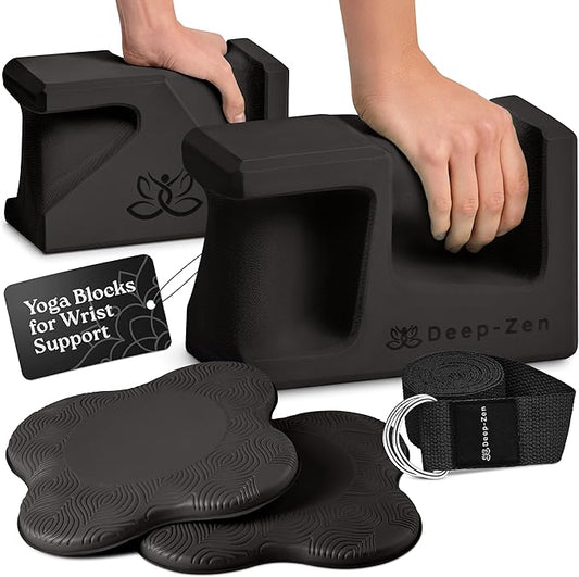 PRO Yoga Blocks | Ergonomic Yoga Block 2 Pack for Wrist Comfort and Support | EVA Foam Exercise Blocks, 2x Knee Pads & Yoga Strap | Pilates Block Set | Bricks to Eliminate Wrist Pain