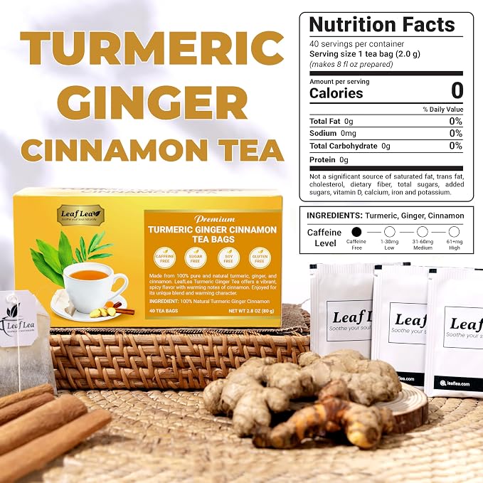 LeafLea Turmeric Ginger Tea Bags, Digestion & Immune Support, 240 Count | 100% Natural Herbal Blend With Cinnamon, Warm And Spicy Flavor, Caffeine-Free, Sugar-Free, Non-GMO, Convenient 6 Pack