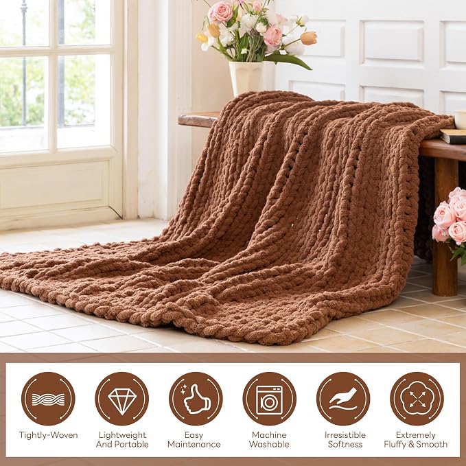 Chunky Knit Blanket - Luxury Soft Cozy 50 * 60 Throw Blanket,100% Woven Blanket Rope Knot Throw Blanket for Couch, Sofa, Home Decor, Gift - Machine Washable (Reddish-Brown, 50 * 60)