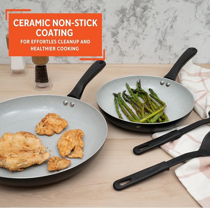 IMUSA Premier Cera Aluminum Gray Ceramic Fry Pan Set & Kitchen Tools | 8 in and 10 in Fry Pans, Stay-Cool Handles, Includes Utensils, Ideal for Kitchen Cooking, Ceramic Nonstick Coating
