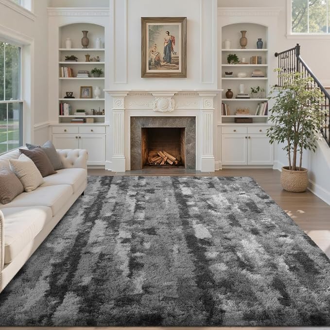 5x7 Feet Area Rugs for Living Room, Grey and White Plush Fluffy Shaggy Bedroom Rugs Non-Slip, Ultra Soft Carpet for Nursery Kids PlayRoom Dorm Office Indoor