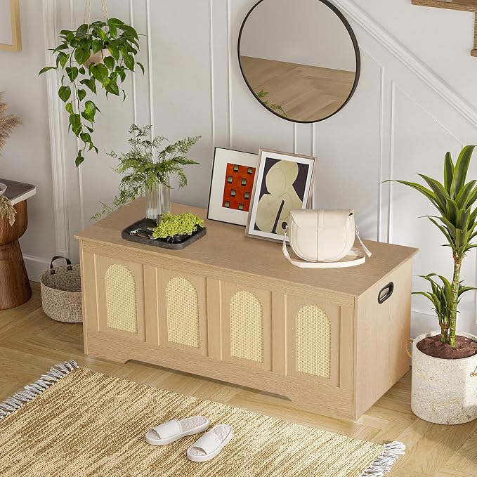 Storage Chest, Wooden Toy Box, Natural Oak 47.2" L | Entryway Shoe Bench, 2 Safety Hinges, Finger-safe Flip-Top, Easy Assembly, Farmhouse Large Trunk, Rattan, Living Room/Bedroom
