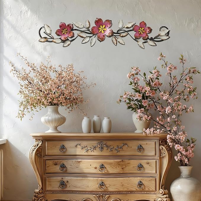 Wesiti Metal Flower Wall Decor Vintage Metal Flower Wrought Iron Scroll Sculpture 15.7''x3.7'' Not 3D, Flat Farmhouse Leaf Wall Decor with Nails for Summer Bedroom Kitchen Indoor Outdoor(Pink)