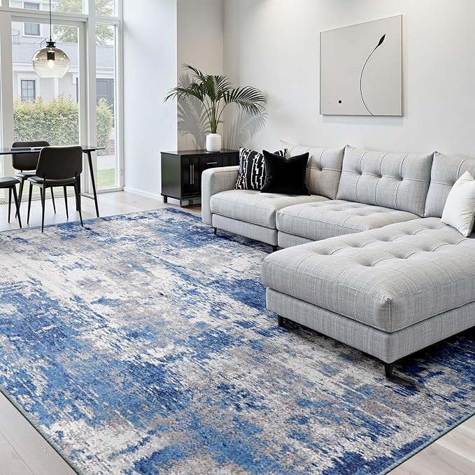 RELEANY Washable 6'x8' Abstract Area Rug for Living Room Blue Gray | carpet for bedroom, kitchen, office, hallway and entryway, printed pattern, non-slip, soft, stain-resistant, easy to clean