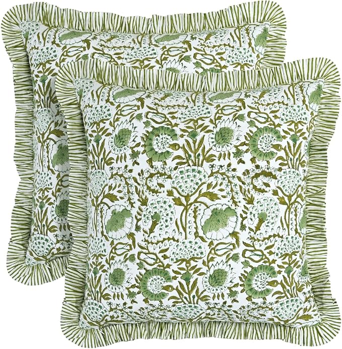 CPC Block Print Ruffle Throw Cover Agate Green 18"x18" Inch Pack of 2-100% Cotton Ruffle Couch Decorative Boho Pillows Case for Living Room, Bedroom, Sofa, Farmhouse Gift for Spring, Mother's Day