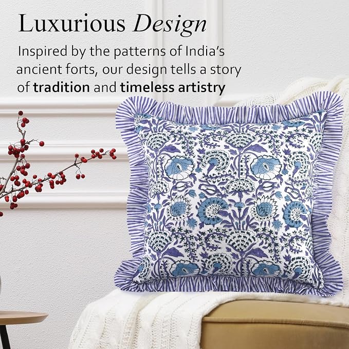 CPC Indigo Blue Ruffle Throw Pillow Covers for Couch, 20x20 Inch Cotton Stripe Ruffle Couch Pillows for Living Room, Hidden 16 Inch Zipper Boho Pillow Case or Cute Outdoor Pillows