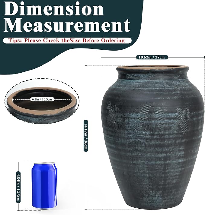 14.17" Blue Ceramic Vase, Rustic Farmhouse Living Room Home Decor | Artisan Handcrafted Large Ceramic Vase
