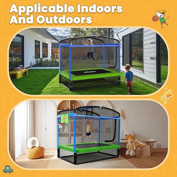 Zupapa Rectangle Kids Trampoline 6FT with Basketball Hoop, and Safety Net - Indoor/Outdoor Heavy-Duty Square Trampoline for Toddlers Ages 3-6, 220LBS Capacity