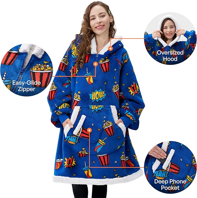 Giggling Getup Wearable Blanket Hoodie for Adults Gifts for Teen Girls Sister Women Sherpa Fleece Printed Hooded Blanket Sweatshirt Warm Cozy with Pocket & Sleeves Blue Popcorn