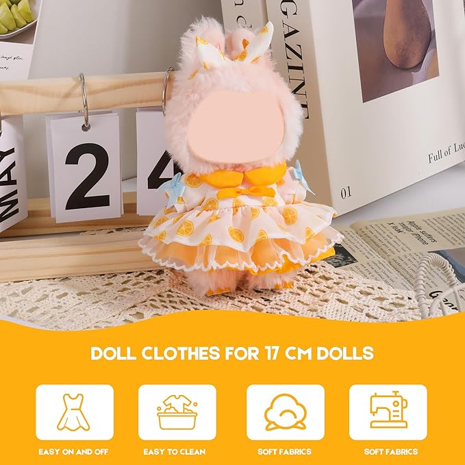 Clothes for Labubu Doll,6.7 Inch Doll Clothing Set - 2 Pieces Handmade Clothes and Accessories for 17cm Plush Toy - Orange Print Princess Dress + Bow Headdress