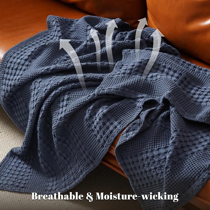 PHF 100% Cotton Waffle Weave Blanket Queen Size, Lightweight Breathable Summer Blanket for Hot Sleepers, Pre-Washed Soft Layer for Bed, Couch, Aesthetic Home Decor & Gift, 90"x90", Indigo