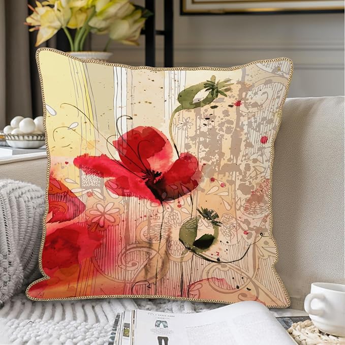 KSLIDS Red Poppy Flower Soft Velvet Throw Pillow Covers Set of 2 Watercolor Art Flower Decorative Pillow Covers 20x20 Inch Retro Beige Pillow Case for Sofa Couch Living Room Farmhouse Home Decor