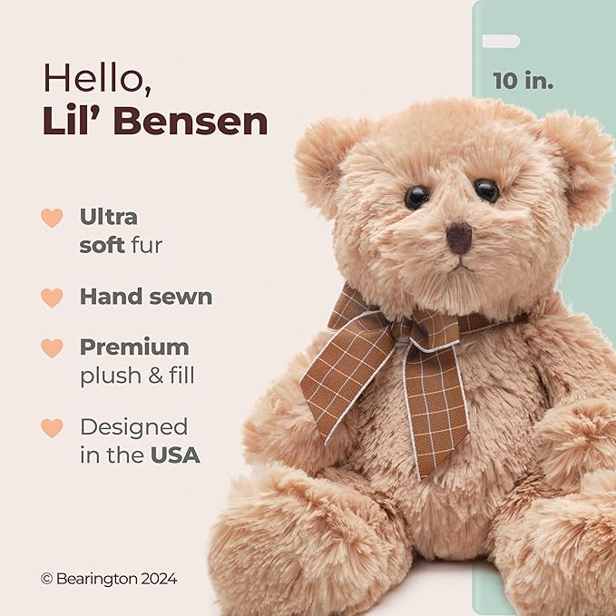 Bearington Collection Lil' Bensen 10 in Small Teddy Bear Stuffed Animal Toy - Cuddly Teddy Bear for Baby