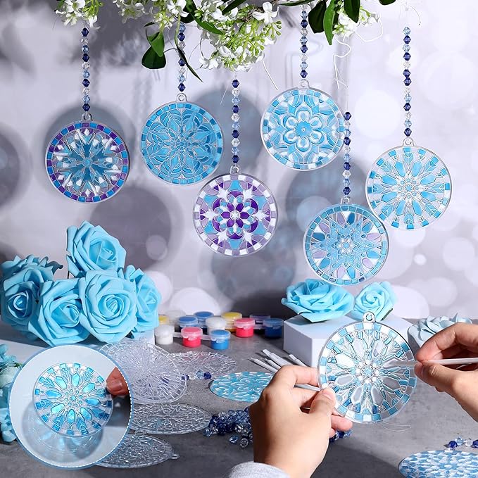 30 Sets Winter Snowflake Suncatchers Window Art Kits, DIY Sun Catchers Bulk Crafts Paint Your Own Window Ornaments for Boys Girls Classroom Party Birthday Activity Home Decor