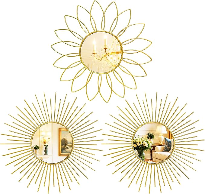 3 Pack Metal Mirrors for Wall Sunburst Wall Mirrors Home Décor Decorative Hanging Wall Art for Living Room Bedroom Entryway (Gold2, Flower+Sunburst)