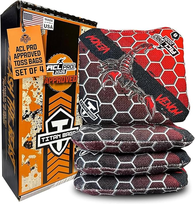 Titan Bags Venom Cornhole Bags - 6" x 6" ACL PRO Approved Cornhole Bean Bags for Tournaments - Versatile & Durable Regulation Cornhole Bags Ideal for Indoor/Outdoor Toss Sports & Games (4 Pack)