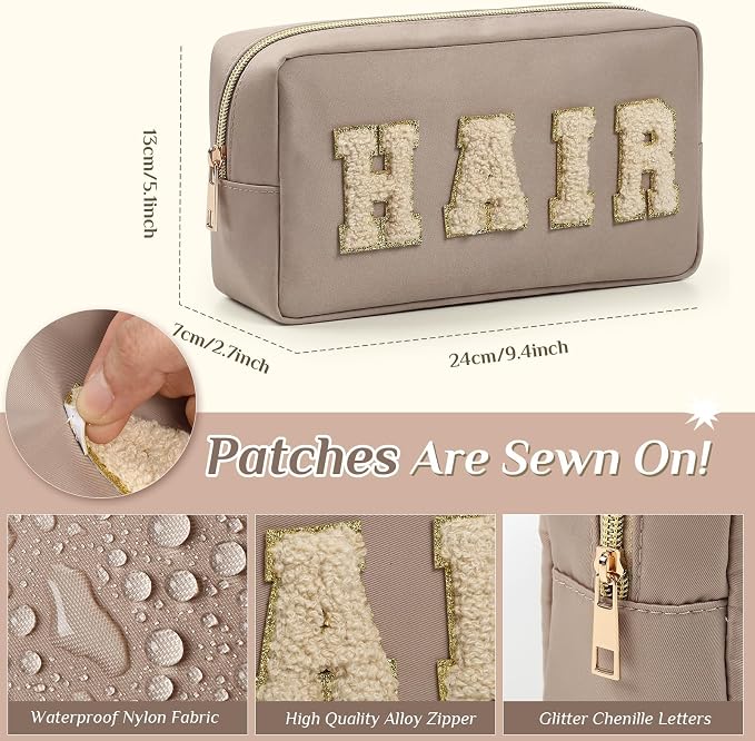 Preppy Makeup Bags Chenille Letter Stuff Bag Nylon Cosmetic Pouch Cases with Zipper for Women Travel Toiletry(Apricot Color,Classic,2 Pcs)