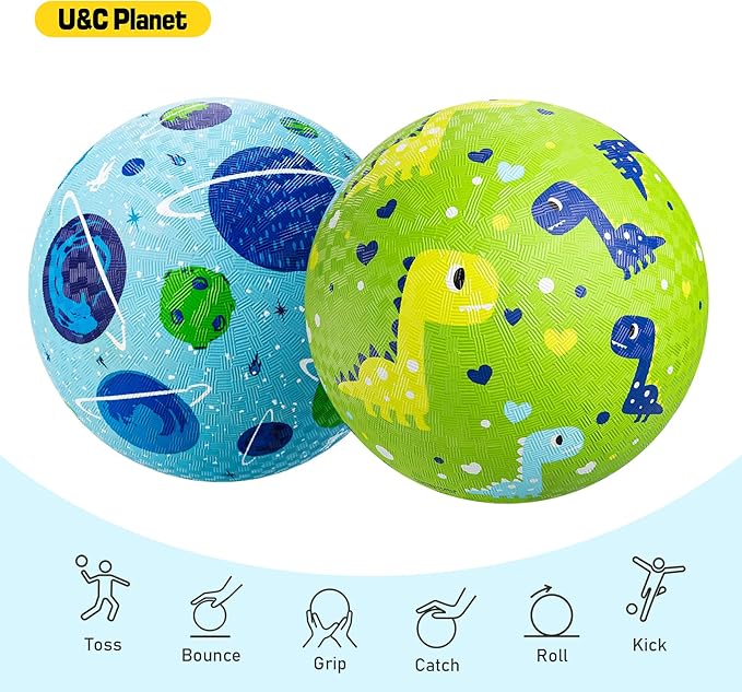 U&C Planet 2 Pack Playground Balls for Toddler Kids, 6 inch 8.5 inch Cartoon Rubber Balls with Pump, Dodgeball Kickball for Outdoor & Indoor Game, Great Gift for Boys Girls Aged 1 and Above