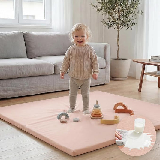 Huloo Sleep Baby Play Mat 47x47 Inches, 1.3" Thick Padded Waterproof Floor Cushion & Playpen Mat with Vegan Leather, Non-Slip & Non-Toxic Nursery Rug for Infants, Toddlers & Kids(Pink)