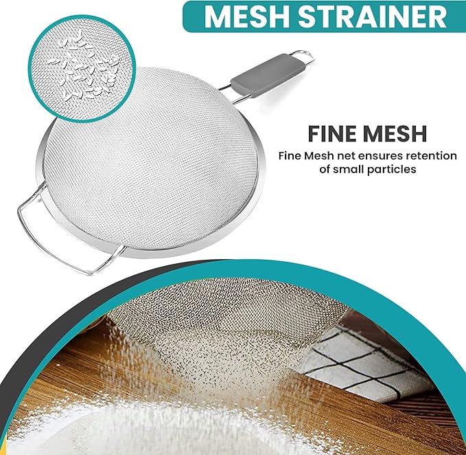 9" Large Extra Fine Mesh Strainer with Thermo Plastic Rubber Handle - Sieve Fine Mesh Stainless Steel - Ideal to Strain Pasta, Quinoa and Rice