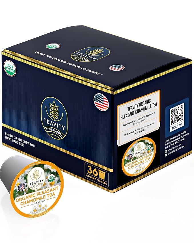 Organic Chamomile Tea Pods for Keurig - Decaf Tea Pods - Pleasant Chamomile by Teavity (36 Tea Pod)