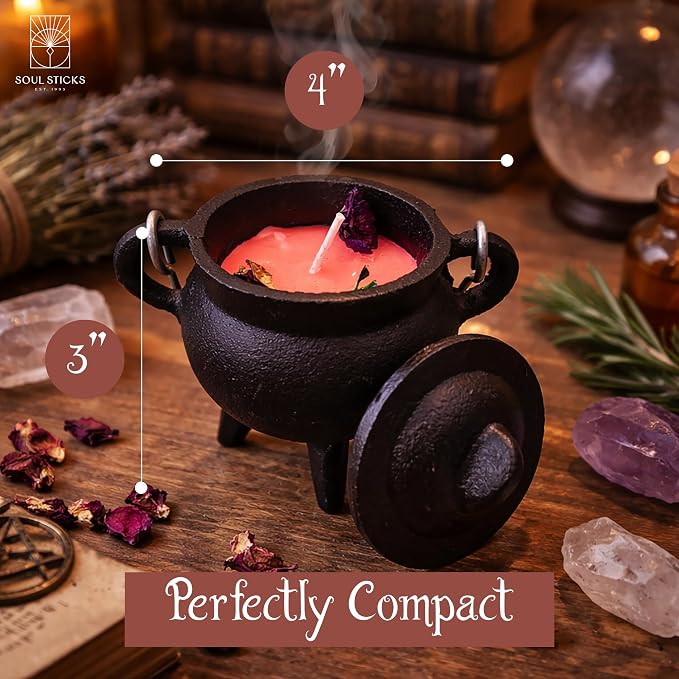 Reusable 4-Inch Cast Iron Cauldron Candle with Lid and Hanging Handle | Ritual & Aromatherapy Candle for Spell Casting, Smudging, Home Cleansing | Herb-Infused with Essential Oils (Rose)